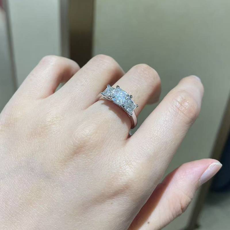 Three Stone Asche Women's Ring S925 Silver Plated Platinum Customized Selection Main and Deputy Stone Moissanite Diamonds 1.0ct